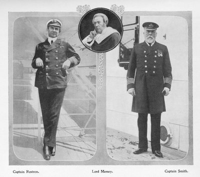 RMS Carpathia上尉亚瑟亨利罗斯特龙救出泰坦尼克号幸存者（左），领导泰坦尼克号调查委员会（中）的梅西勋爵和泰坦尼克号队长爱德华约翰史密斯（左） 作者 英国摄影师