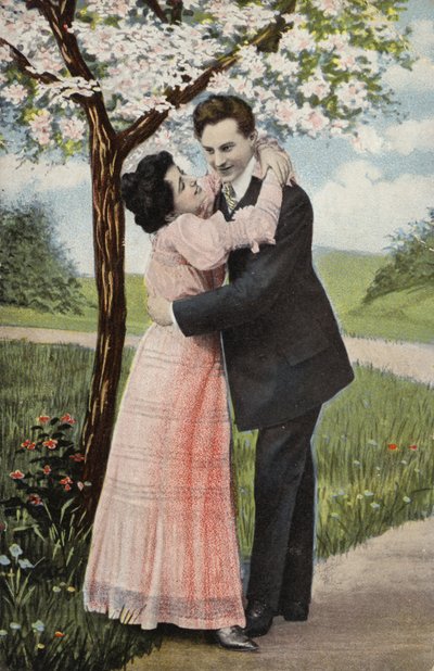 夫妇拥抱在开花树（chromolitho）下 作者 英国摄影师