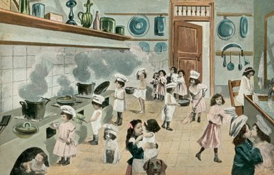 女孩们在厨房做饭（彩色照片） 作者 英国摄影师