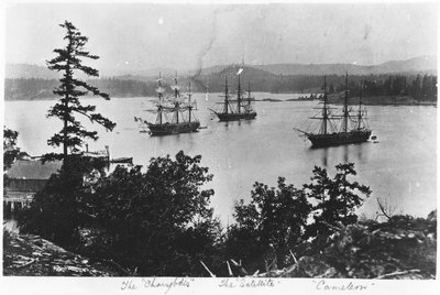 HMS Charybdis，HMS卫星和HMS Cameleon在Esquimalt皇家海军造船厂，不列颠哥伦比亚省，1880年代 作者 英国摄影师