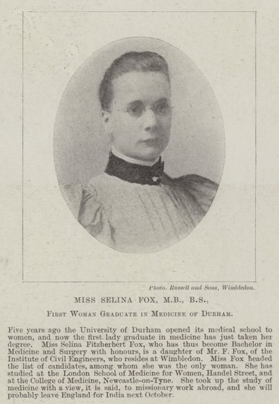 Selina Fox小姐，MB，学士，达勒姆医学院第一位女研究生 作者 英国摄影师