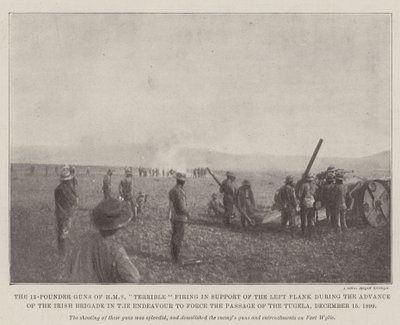 HMS的12磅重炮在1899年12月15日的奋斗期间强行执行图盖拉的通道期间在爱尔兰旅前进过程中支援左翼的可怕射击 作者 英国摄影师