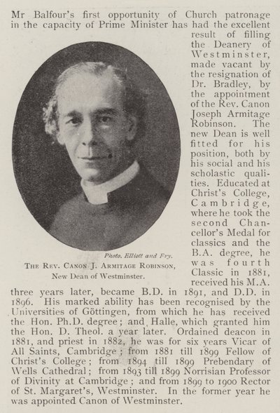 佳能牧师Armitage Robinson，威斯敏斯特新任院长 作者 英国摄影师