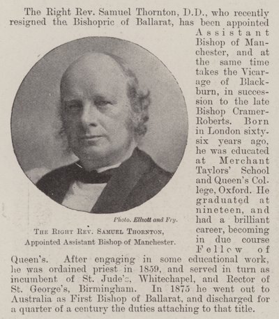 正确的牧师Samuel Thornton，被任命为曼彻斯特助理主教 作者 英国摄影师