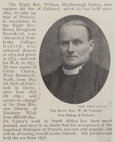 正确的牧师WM Carter，比勒陀利亚的新主教 作者 英国摄影师