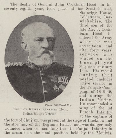 已故的将军Cockburn Hood，Indian Mutiny退伍军人 作者 英国摄影师