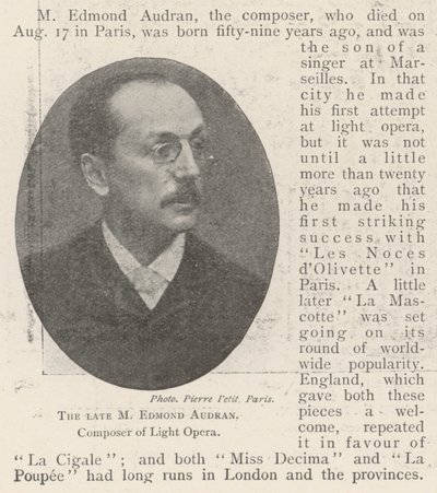 已故的M Edmond Audran，Light Opera的作曲家 作者 英国摄影师