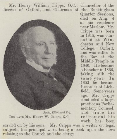 已故的Mr Henry W Cripps，QC 作者 英国摄影师