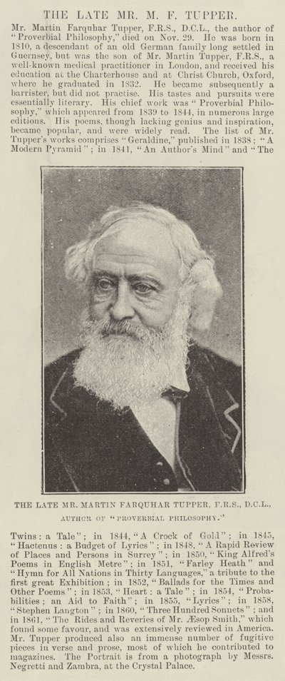 已故的Martin Farquhar Tupper先生，FRS，DCL，谚语哲学的作者 作者 英国摄影师