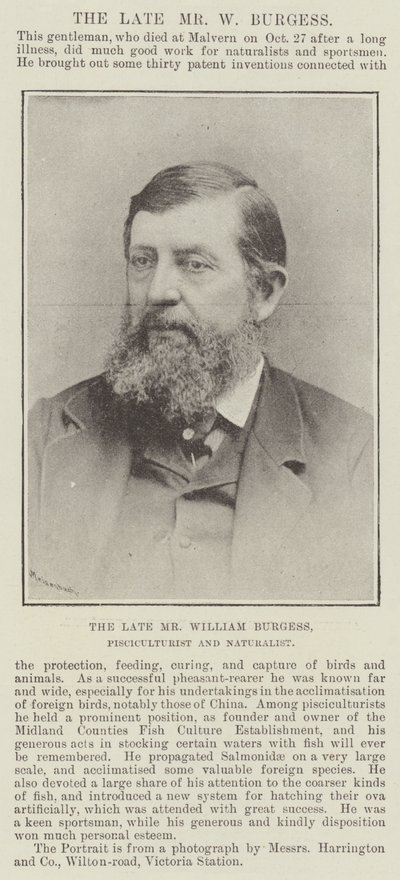 已故的William Burgess先生，Pisciculturist和自然主义者 作者 英国摄影师