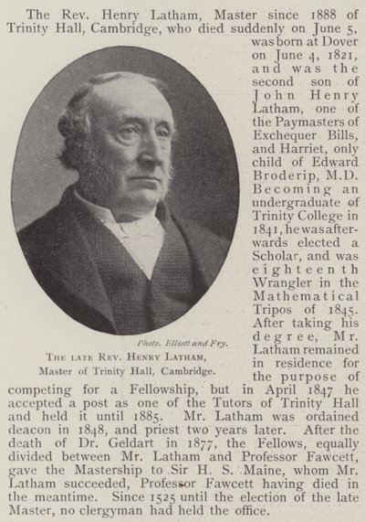 已故的牧师Henry Latham，剑桥大学三一大师 作者 英国摄影师