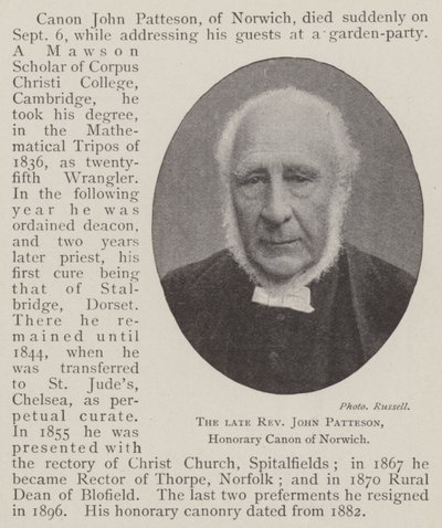 已故的牧师John Patteson，Norwich的名誉佳能 作者 英国摄影师