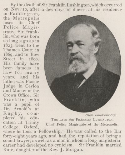 已故的富兰克林爵士Lushington，大都会首席警察法官 作者 英国摄影师