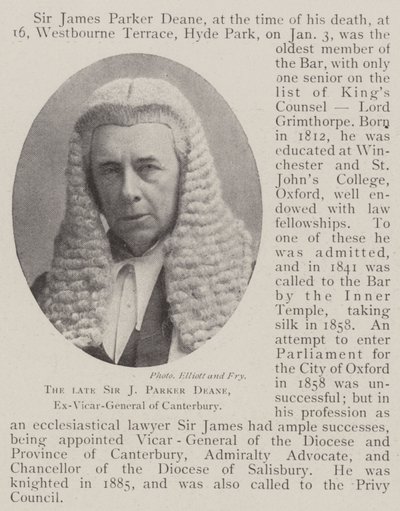 已故的J Parker Deane爵士，坎特伯雷前总督 作者 英国摄影师