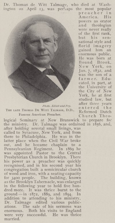已故的Thomas de Witt Talmage，DD，着名的美国传教士 作者 英国摄影师