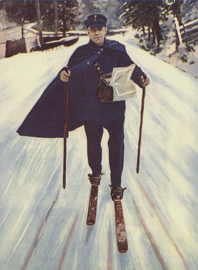 一个德国邮递员在滑雪（彩色平版印刷）。 作者 英语学校