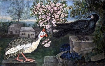 风景中的珍珠鸡和公鸡，约1800年（纸上水彩、水粉）。 作者 英语学校