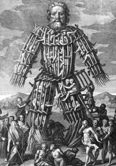 一个由Osier Twigs制作的巨型巨像，其中男人被尊敬的神焚烧，由Cornelis Huyberts雕刻，插图由William Duncan翻译成英文的Caesars Commentaries， 作者 英语学校