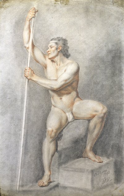 男性裸体持有工作人员，17.7（彩色粉笔在纸上） 作者 English School