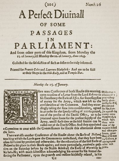 完美的Diurnall，1643年第26期首页的传真，卡塞尔斯画报英国历史的插图（棕褐色照片） 作者 英语学校