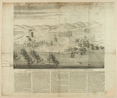 1739年的Carthagena城镇，港口和堡垒的透视草案，1741年出版（线条雕刻） 作者 English School