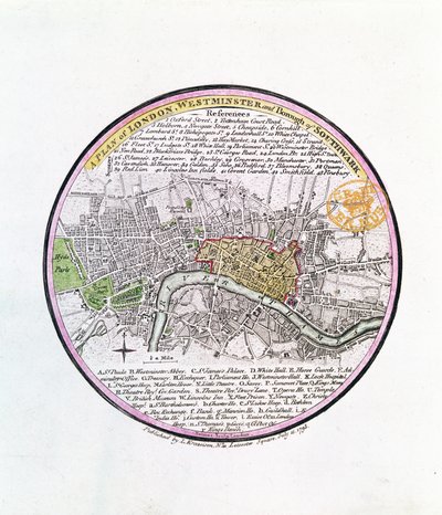 1793年伦敦，威斯敏斯特和南华克自治市的计划（手工彩色雕刻） 作者 英语学校