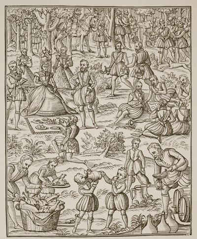 皇家野餐，来自Noble Art of Venerie的板块和1575年George Turberville的狩猎（棕褐色照片） 作者 English School