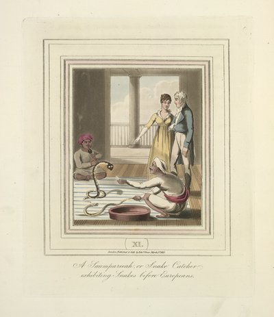 一位在欧洲人面前展示蛇的捕蛇人，约 1824 年（彩色石版画） 作者 英语学校