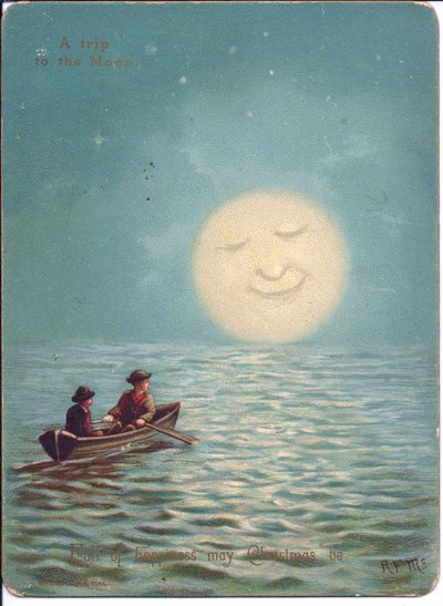一张维多利亚时期的圣诞卡，卡上是月夜划船的两个男孩，约 1880 年（彩色石版印刷） 作者 英语学校