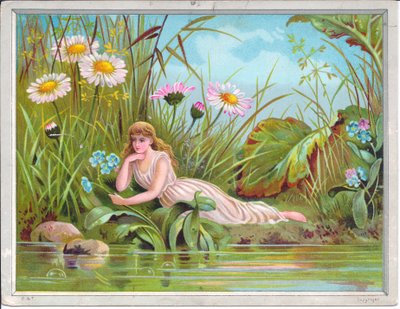 维多利亚时代的仙女贺卡，躺在溪边，草丛和雏菊在溪边，约于1880年 作者 英语学校