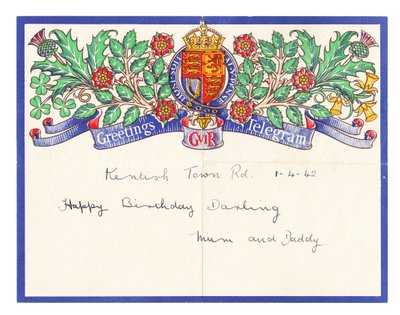 一封生日问候电报，约1942年（彩色平印）。 作者 英语学校