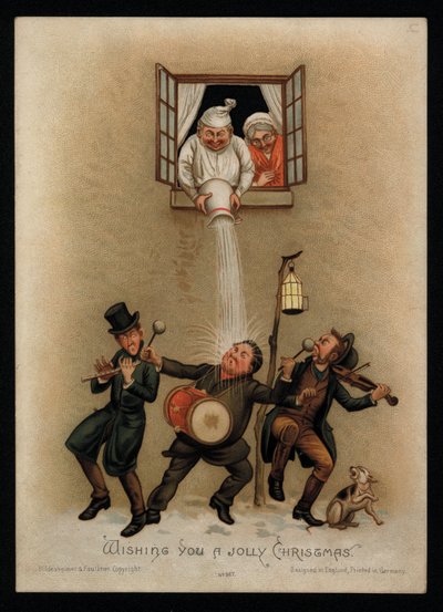 一对夫妇反对窗外的颂歌歌手，圣诞贺卡 (chromolitho) 作者 英语学校