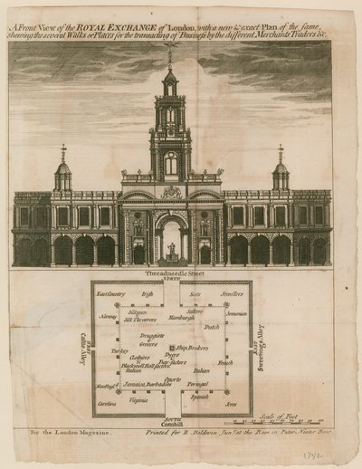 伦敦皇家大厦（Royal Exhange of London）的前视图，具有相同的新计划 作者 英语学校