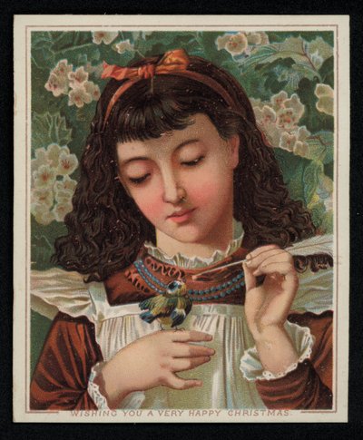 A girl feeding a blue tit, Christmas greetings card. (chromolitho) 作者 英语学校