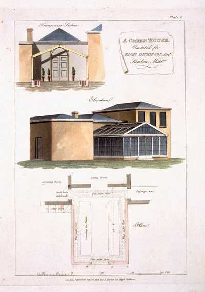 1806年，米德尔塞克斯Hendon的理查德·迪金森·埃斯克（Richard Dickinson Esq）的一座新古典主义风格房屋的哥特式细节温室 作者 英语学校