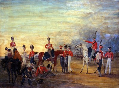 约克郡Yeomanry的一群登上和下马的官兵，穿着各种服装，1820年 作者 英语学校