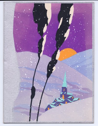 一张手绘的法国Pochoir圣诞贺卡，上面挂着雪景，落山和教堂，摄于1920年左右 作者 英语学校