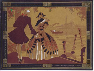威尼斯场景的手绘法国Pochoir贺卡，约1920年 作者 英语学校