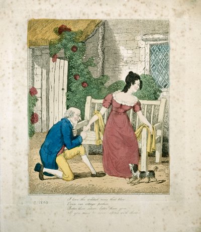 约1800年，一个男人提议的一幅彩色石版画场景 作者 英语学校