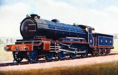 伦敦米德兰和苏格兰铁路的一个机车，插图来自G. Gibbard Jackson的《机车之书》，1924年出版（彩色平印）。 作者 English School