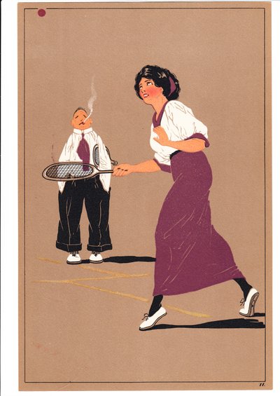 1920年左右，两个以幽默和幽默的姿势打网球的网球运动员的照片 作者 英语学校