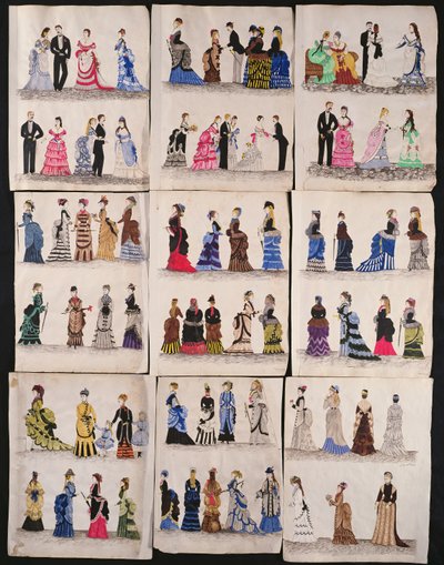 各种维多利亚时装，包括舞厅和步行连衣裙，c.1876（纸上wc） 作者 英语学校