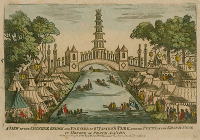 1814年8月1日在圣詹姆斯公园的中国桥和宝塔的视图与在和平的大宴会的帐篷 作者 英语学校