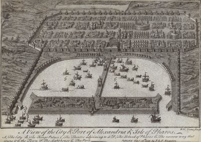 亚历山大城市和港口的看法和Pharos小岛，埃及，1738 作者 英语学校