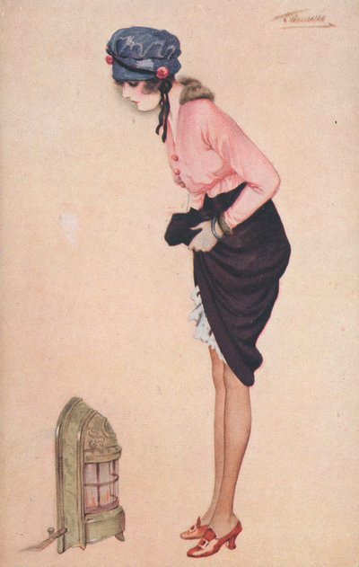一个女人抬起她的裙子，用一个小加热器温暖她的腿 作者 英语学校