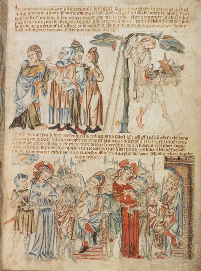 Add.47682，f.30，犹大归还 30 块银币；犹大之死；基督在彼拉多和希律面前，选自约 1320-30 年《霍克汉姆圣经图画书》（牛皮纸） 作者 英语学校