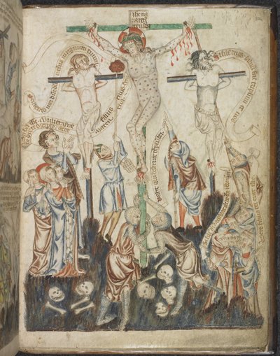 Add.47682，f.32，《耶稣受难》，选自《霍克汉姆圣经图画书》，约 1320-30 年（牛皮纸） 作者 英语学校