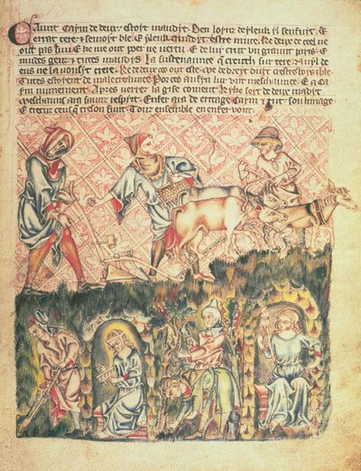 Add 47682 f.6 该隐和他的后裔，选自 "霍克汉姆圣经"，约 1320-30 年（牛皮纸）。 作者 英语学校