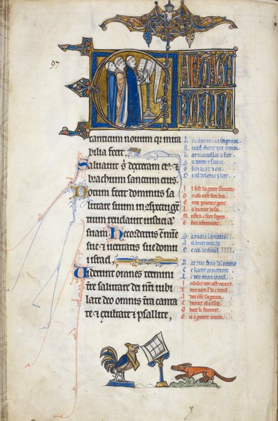 Add.50000，f.146v 诗篇 97；首字母 "C"，三名职员在讲台前歌唱。对开页底部，一只公鸡向一只狐狸布道，出自奥斯科特诗篇，约 1265-70 年（牛皮纸） 作者 英语学校