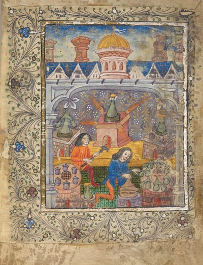 添加 MS 10302 f.37v f.1r 带有蒸馏器的七个熔炉，由两人看管，位于带冲天炉和烟囱的屋顶下，约 1477 年（牛皮纸）。 作者 英语学校
